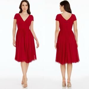 NEW Dress the Population Corey Chiffon Fit & Flare Dress Garnet Red XL $198